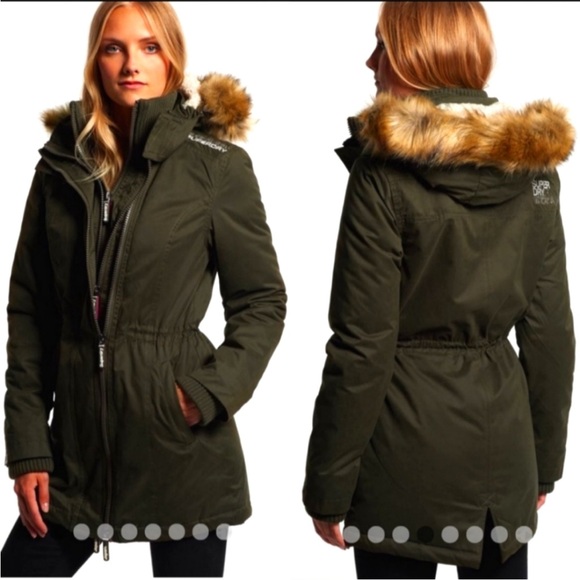 Superdry Olive Green Wind Parka with Faux Fur Hood - Picture 2 of 12